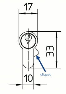 Le cliquet anti-arrachement dépasse du gabarit du corps quand on retire la clé, s'opposant ainsi aux tentatives d'arrachage forcé du cylindre.